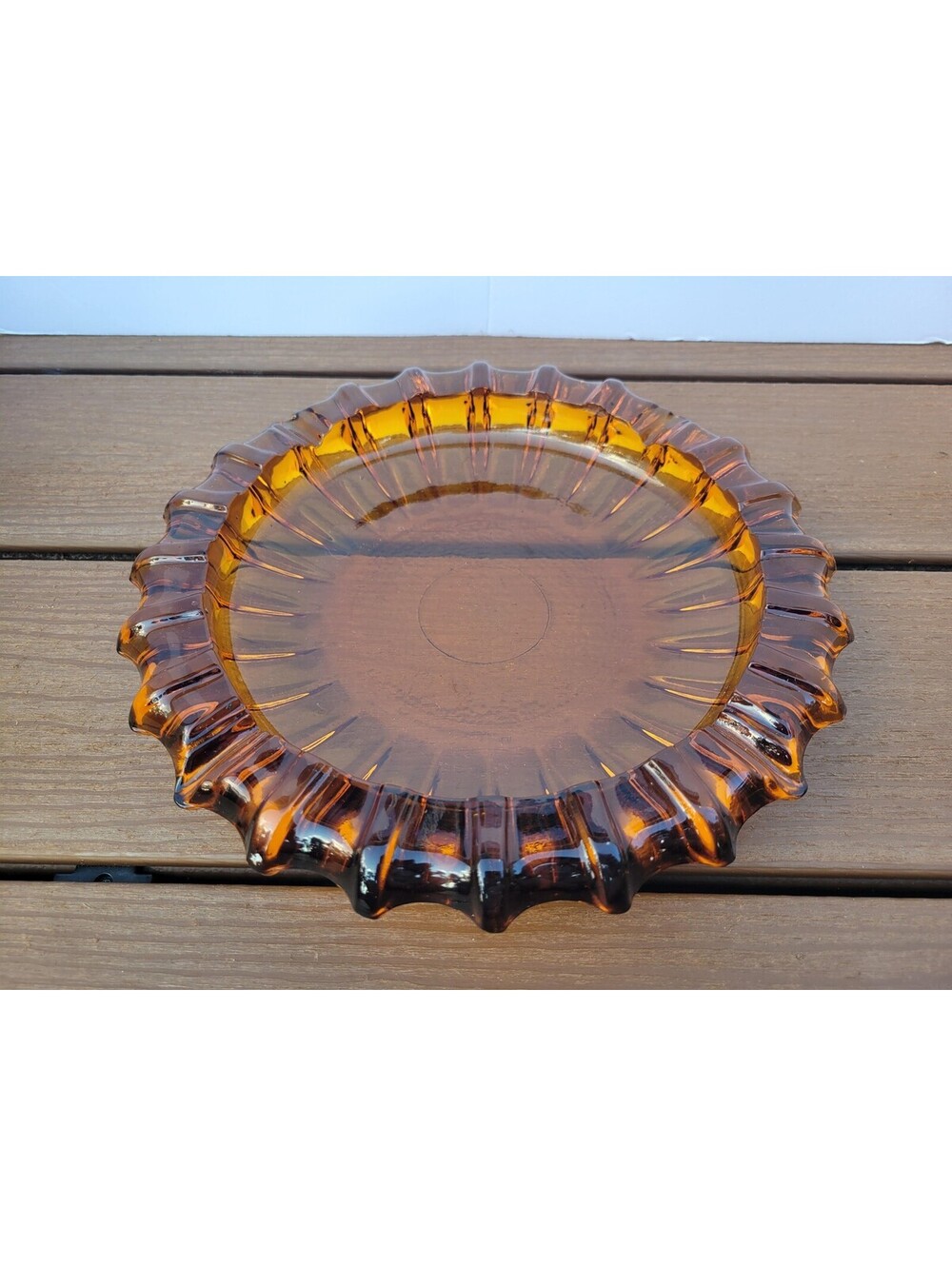 Brown Amber Glass Vintage Ashtray Round Ruffled Rim Trinket Tray MCM